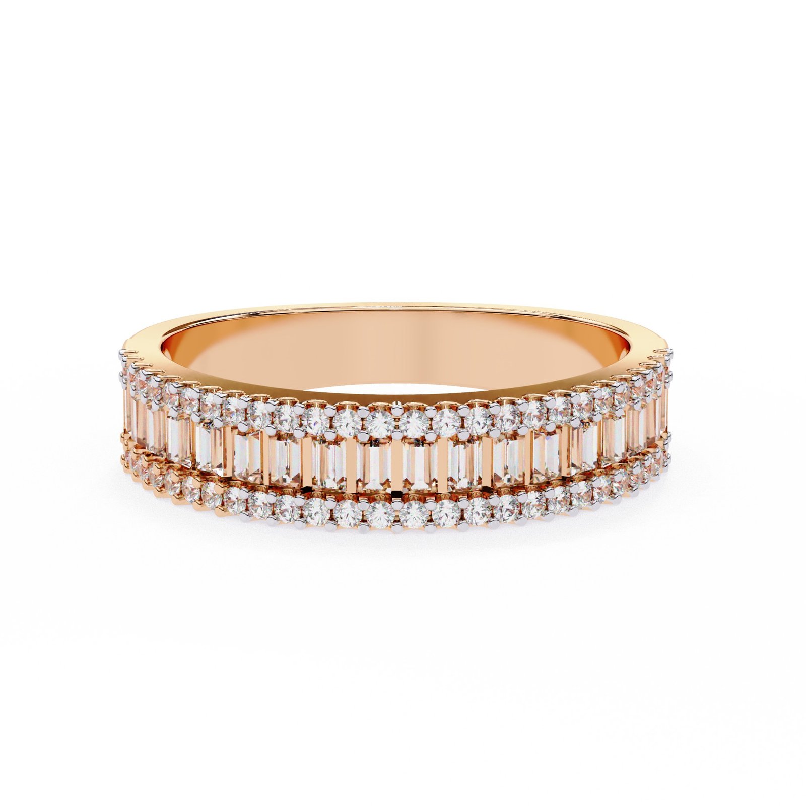 Triple Row Baguette and Round Diamond Band